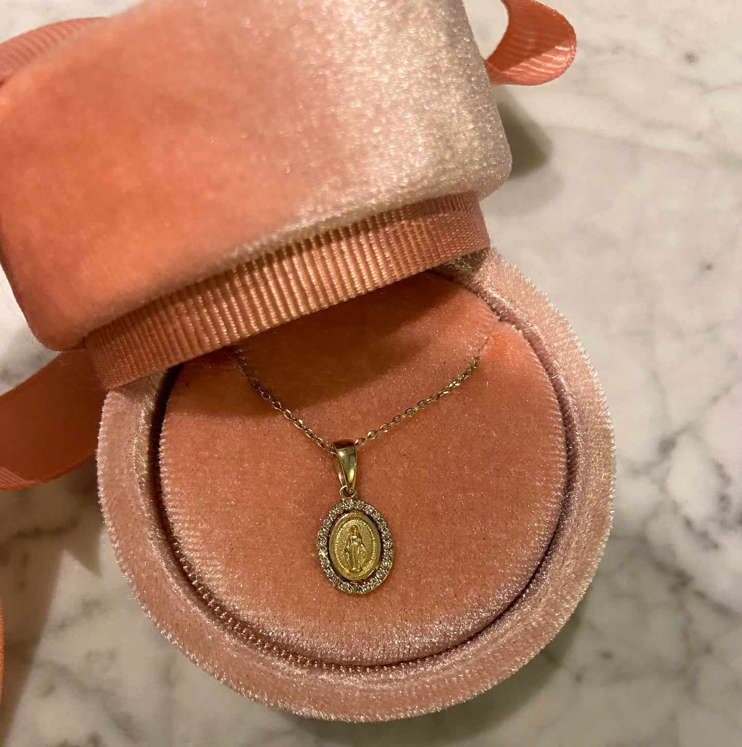 14k Small Miraculous Mother medal with diamonds