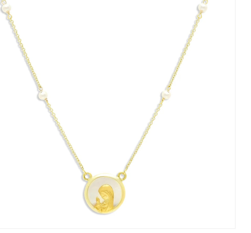 Praying Virgin Mary on Pearl Necklace