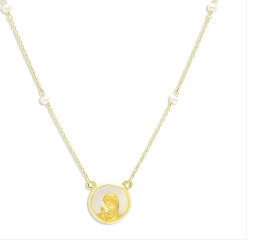 Praying Virgin Mary on Pearl Necklace