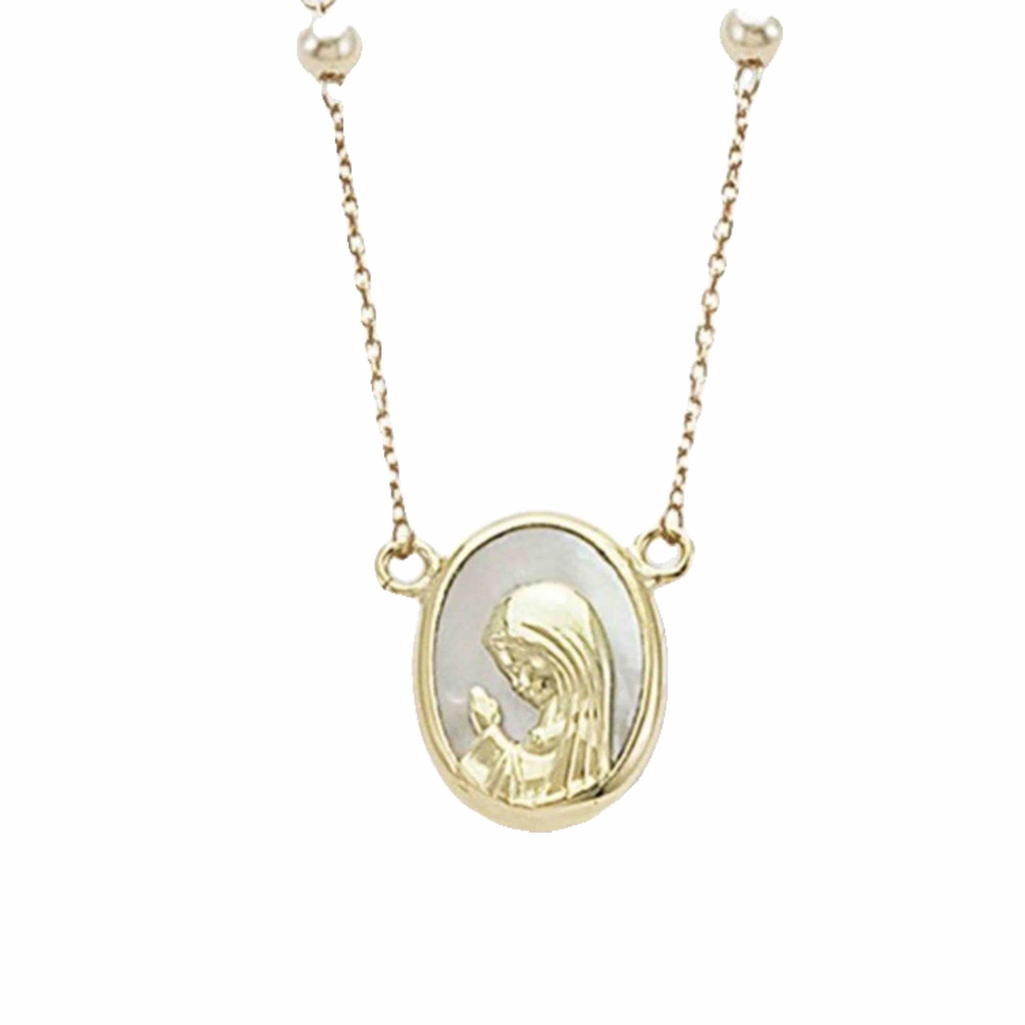 14k Mother of Pearl Virgin Mary Praying Necklace