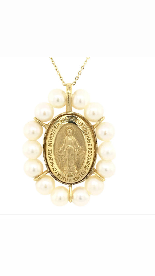 Miraculous Medal with Pearl Halo 14K Yellow Gold