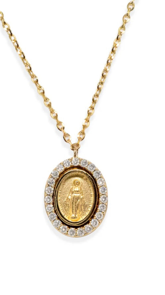 14k Small Miraculous Mother medal with diamonds