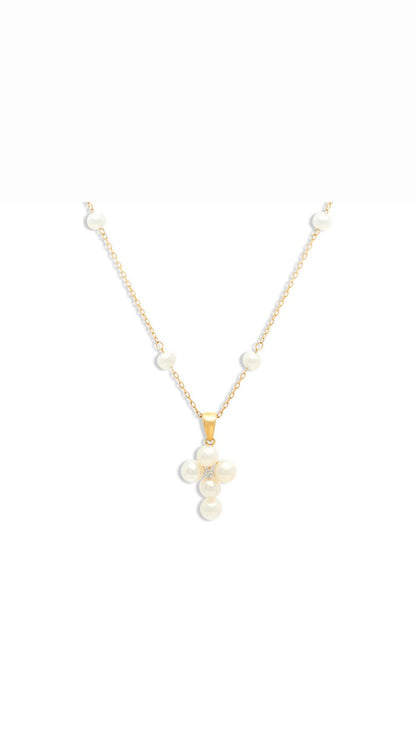 Pearl Cross Necklace with Diamond