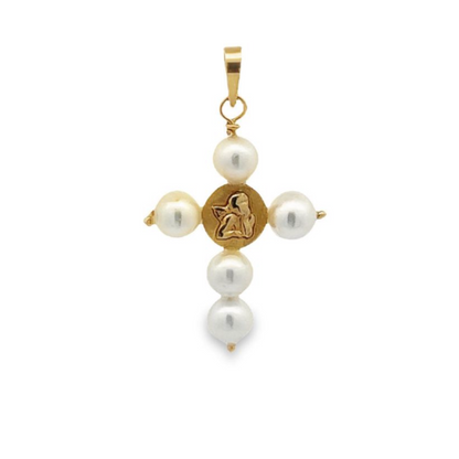 14k Guardian Angel pearl cross