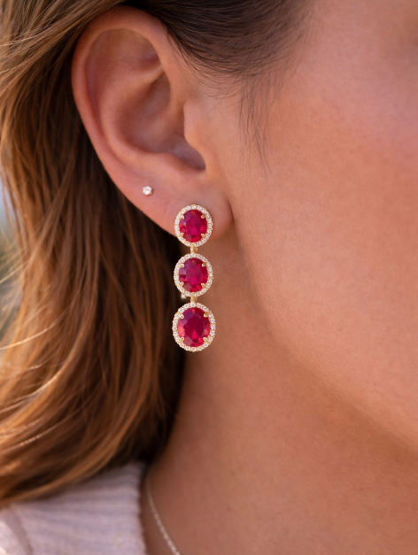 3 Stones Ruby Earrings